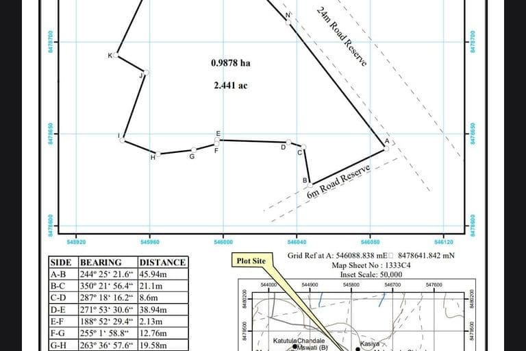 Qwathu Surveyors prepared a Site sketch of the Kabudula plot, showing boundary coordinates, bearings, and distances (A–N), a total area of 0.9878 ha (2.441 ac), plot location relative to the 24m and 6m road reserves, and an inset map indicating the plot's position within the surrounding area.
